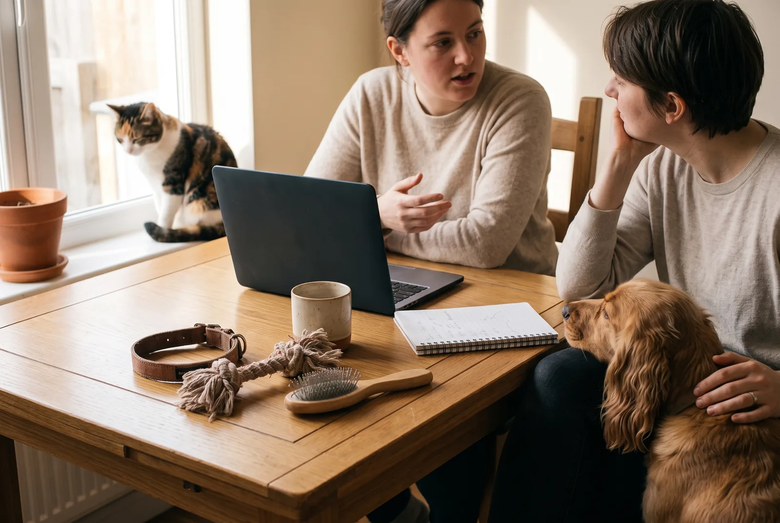 Two of us at the kitchen table going over gear, the cat and the dog supervising