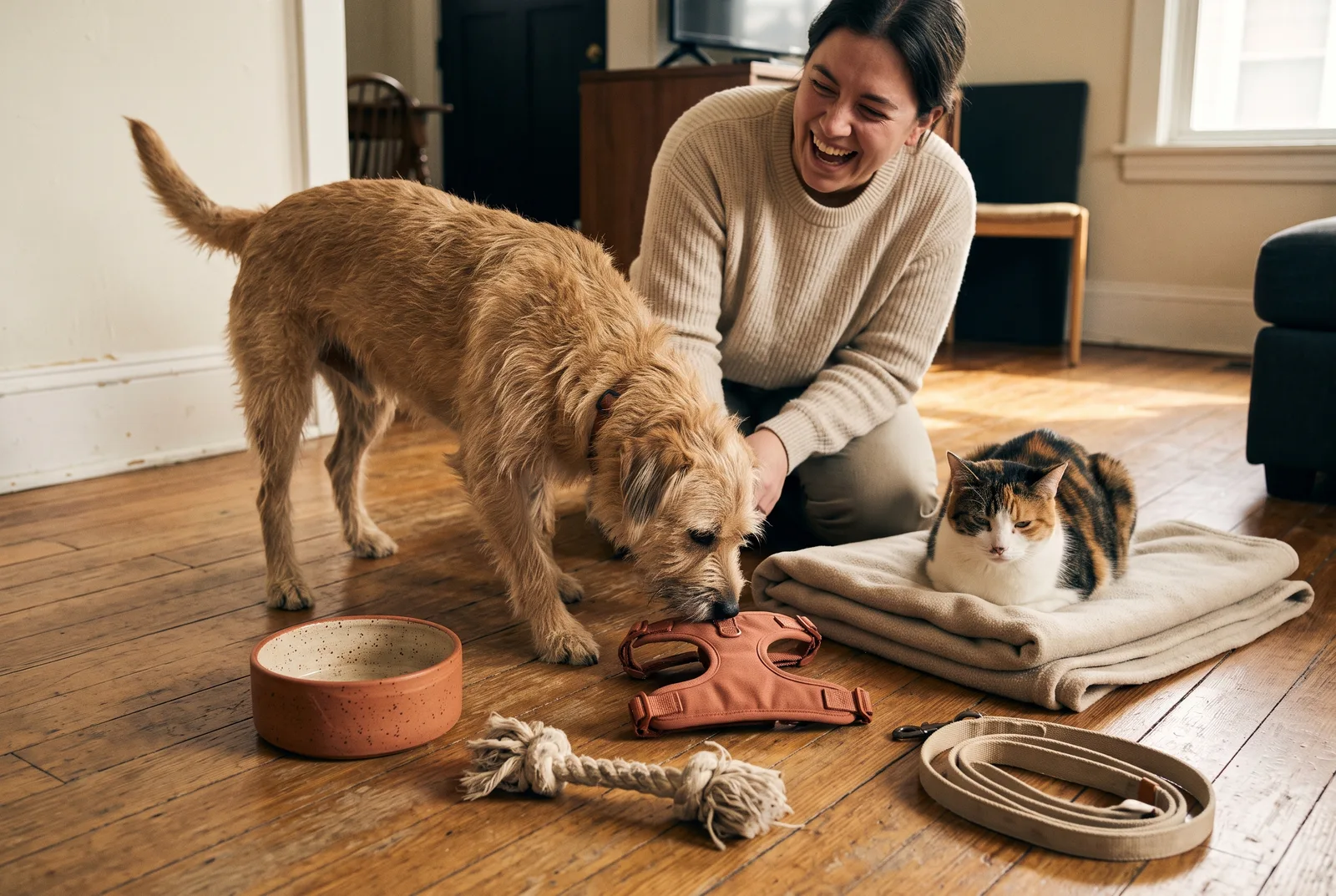 A month of testing on the living room floor: bowl, harness, rope toy, blanket, lead