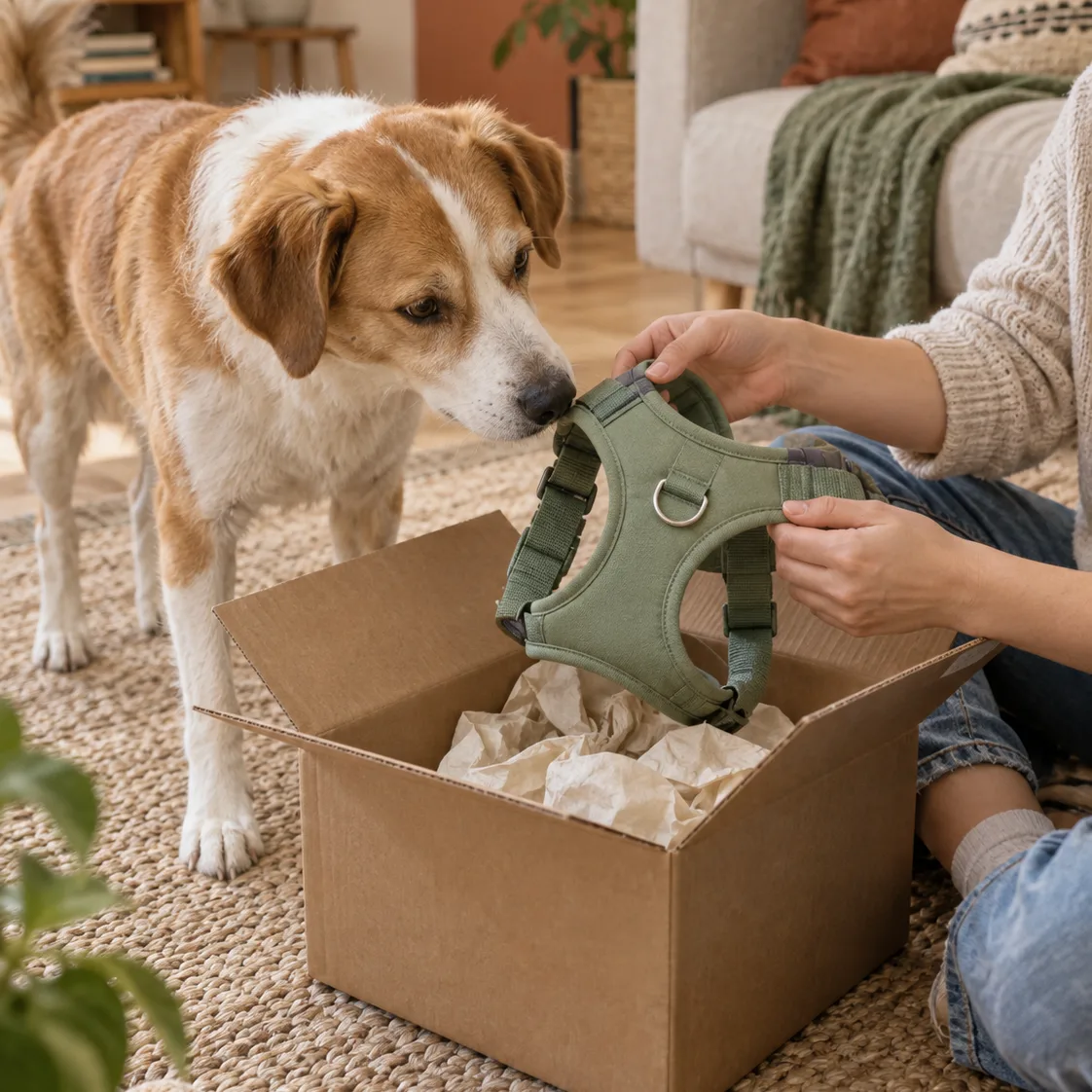 A dog sniffing an opened parcel while a harness is lifted out
