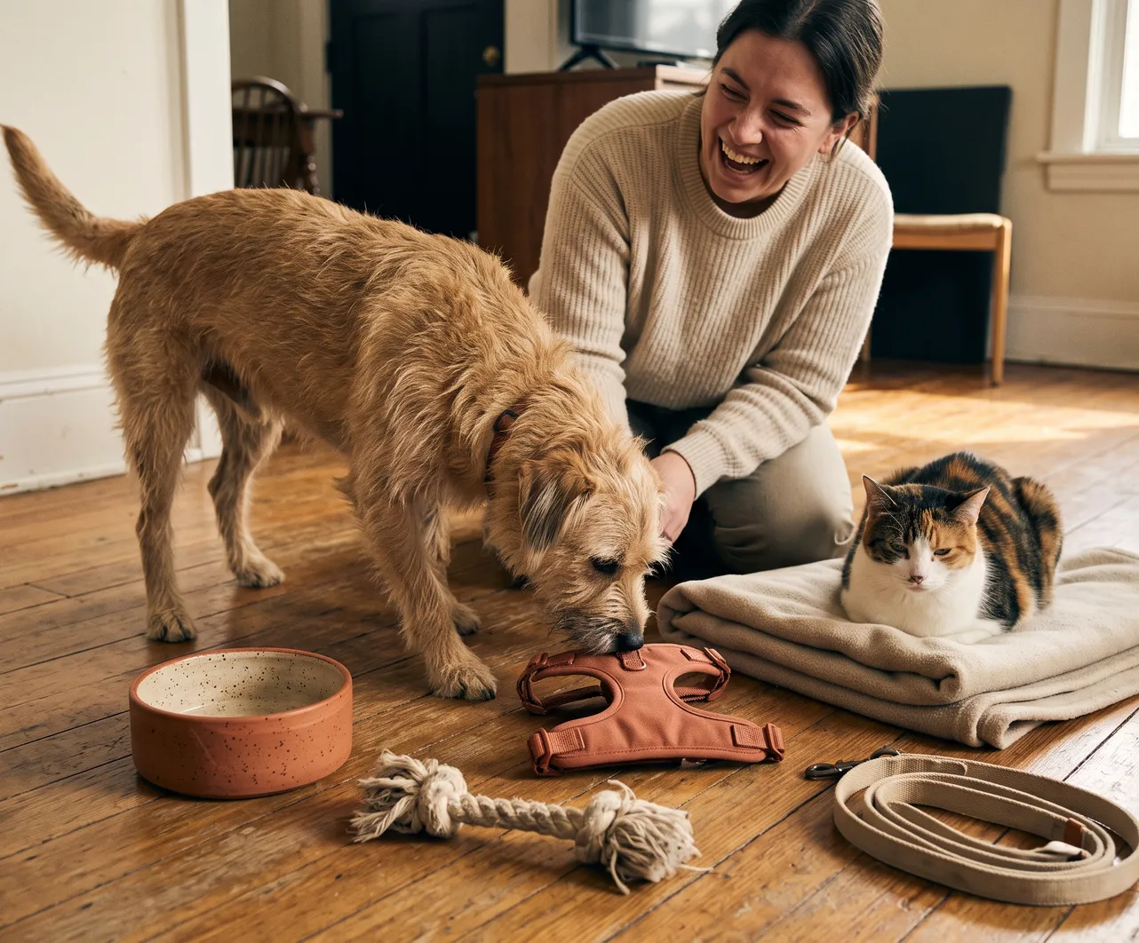 A dog nosing a harness on the living room floor beside a bowl, rope toy, blanket and lead, a cat watching
