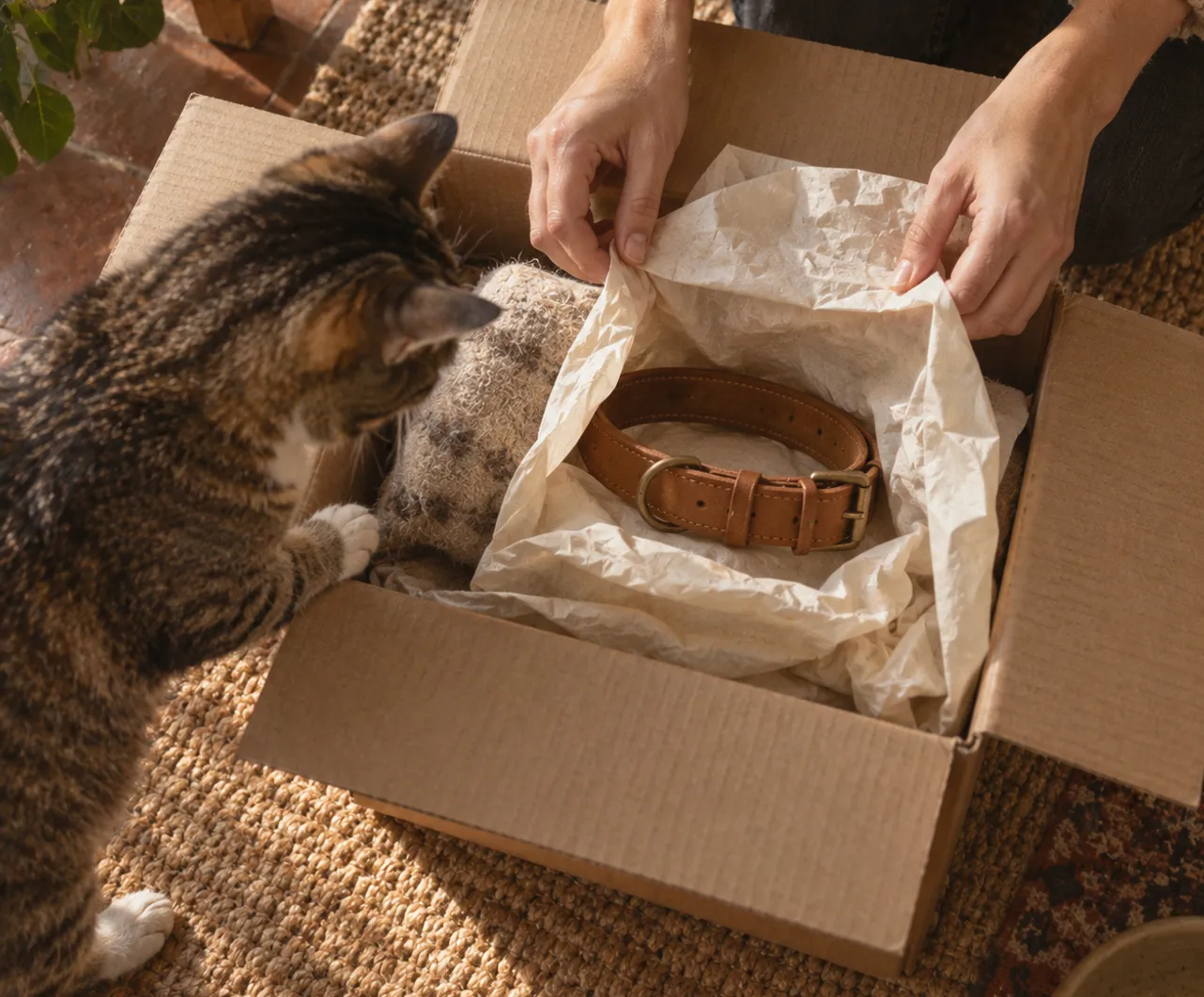 A leather collar being lifted from tissue paper in an opened parcel, a cat inspecting the box
