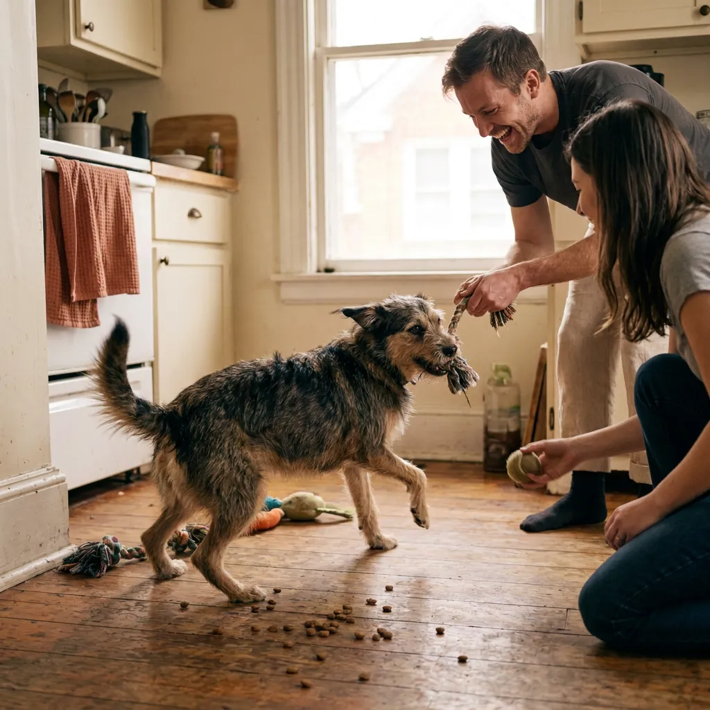 A dog playing tug with a rope toy in a kitchen while a couple plays along