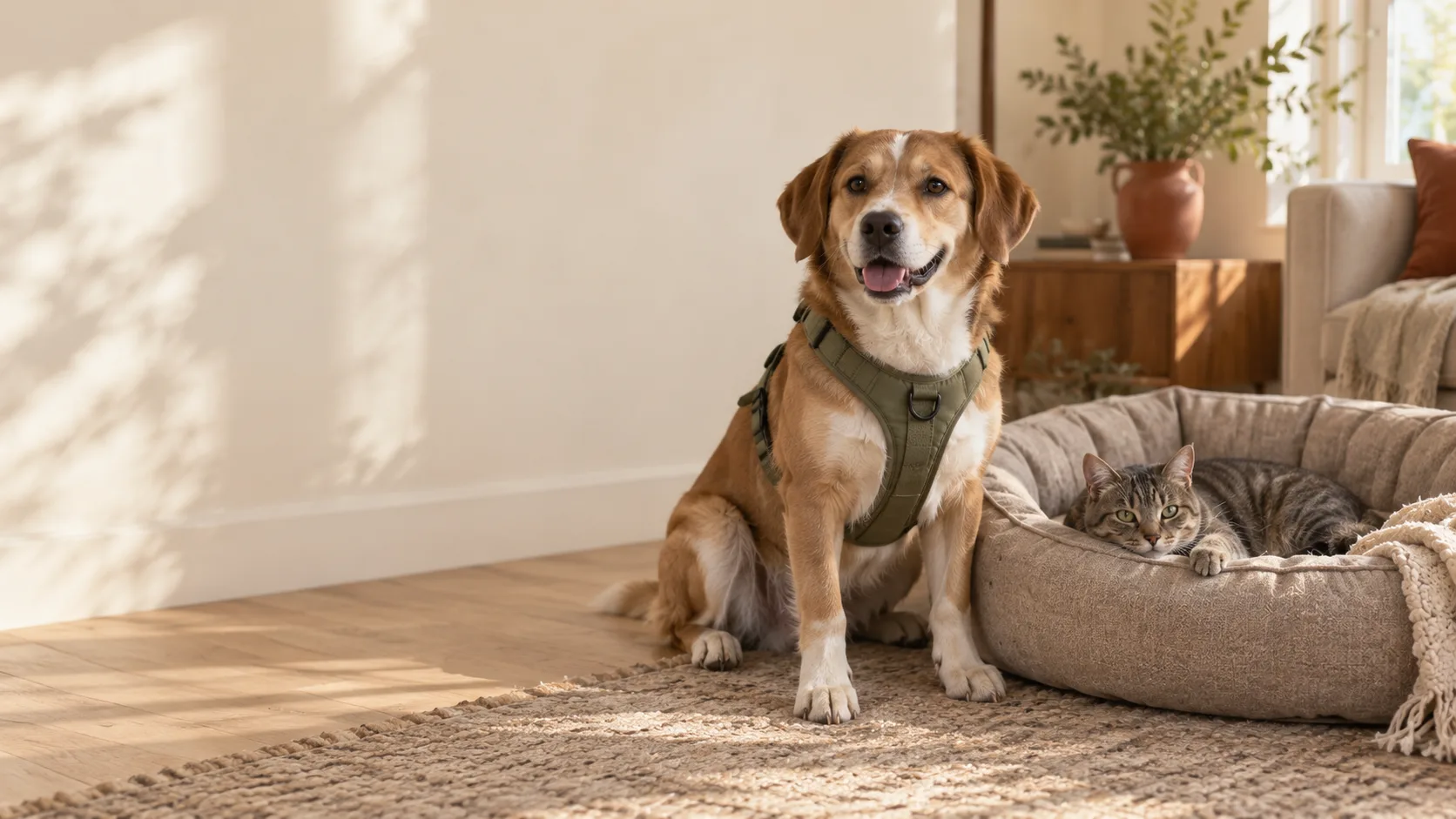 A dog in a harness and a cat in a bed, in a sunlit living room