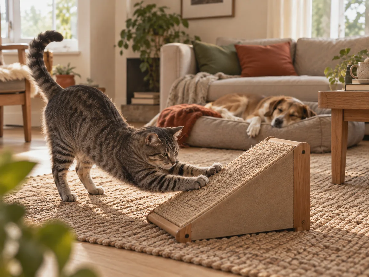 A cat stretching against a scratcher on a rug, a dog asleep behind it
