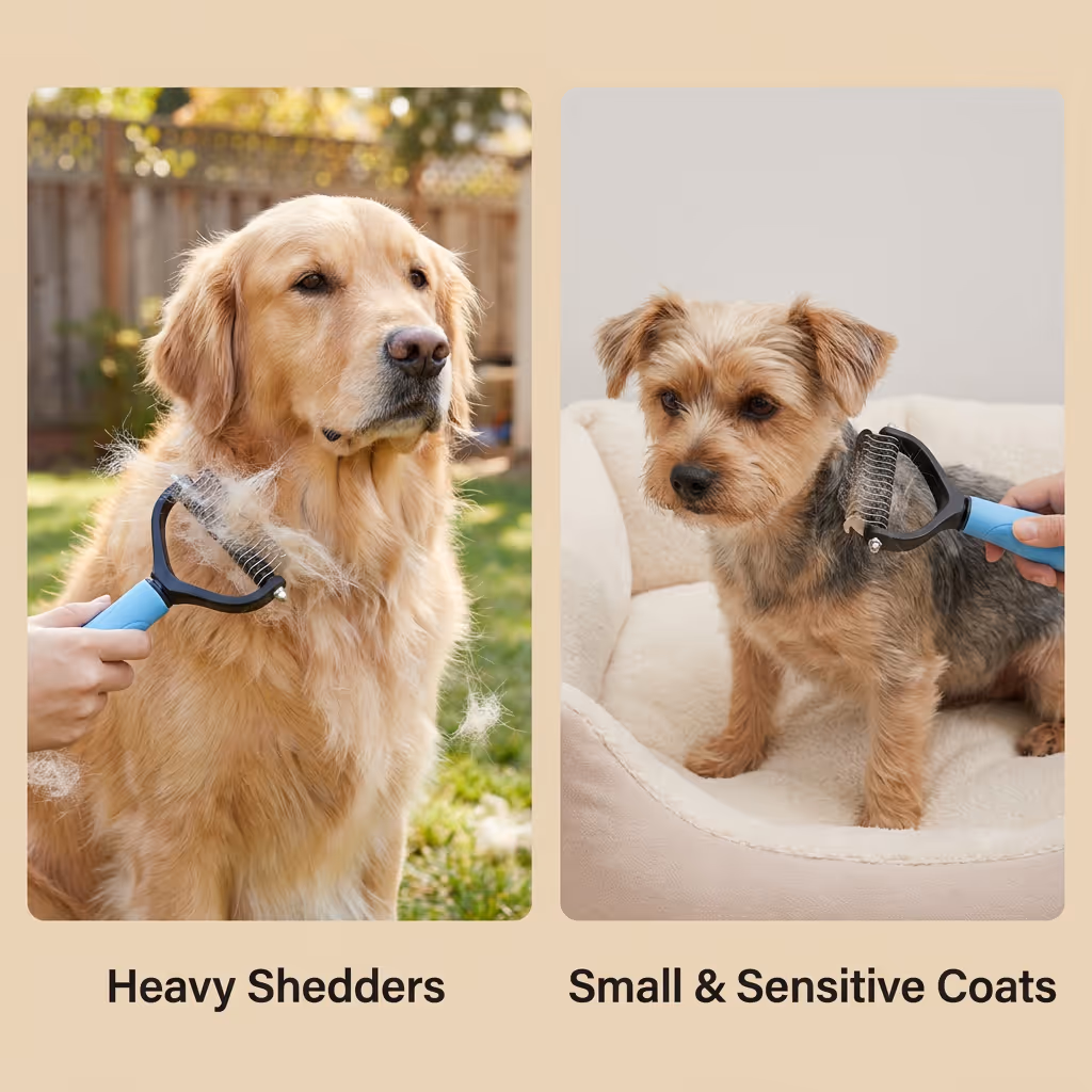 Small, medium, and large dog breeds alongside a cat suited for this grooming tool