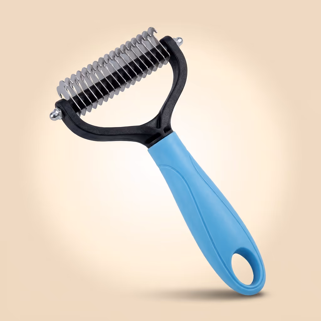 Final product shot of the pet dematting brush ready for checkout purchase