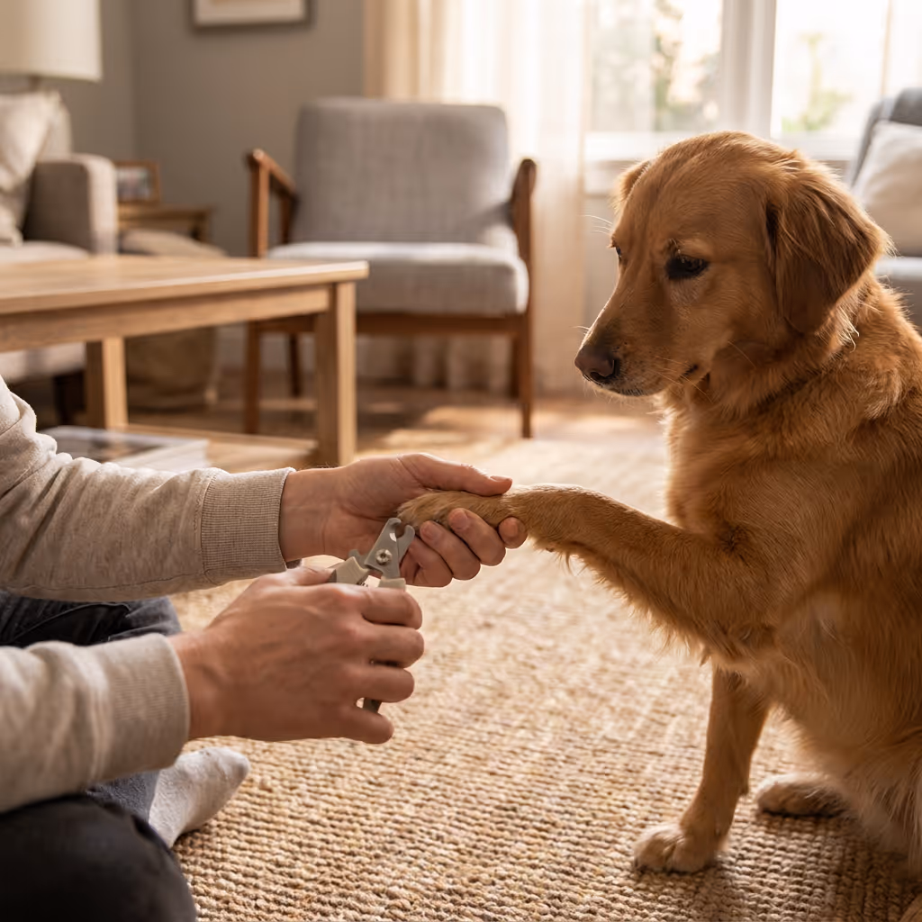 Dog owner gently filing a calm pet's nails without the stress of clipping