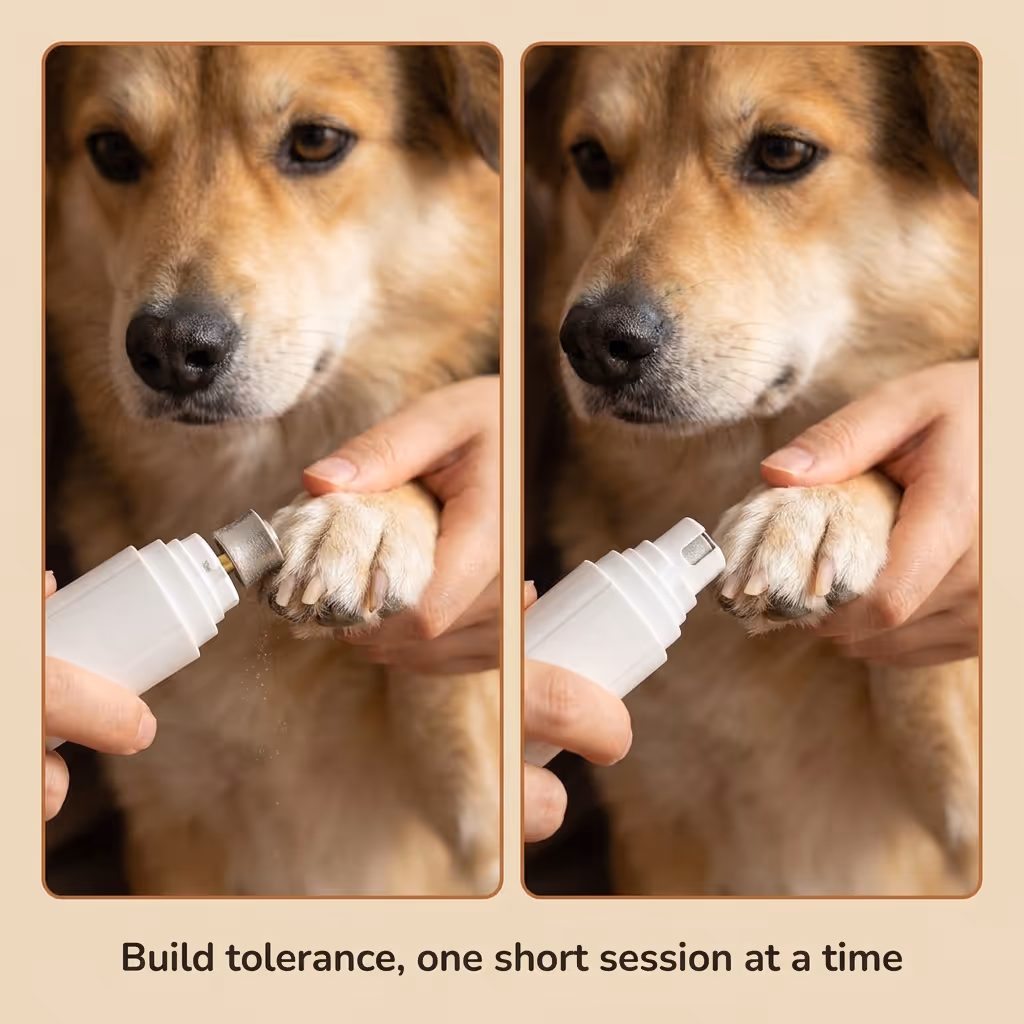 Hand demonstrating painless nail grinding technique on a dog's paw with the device