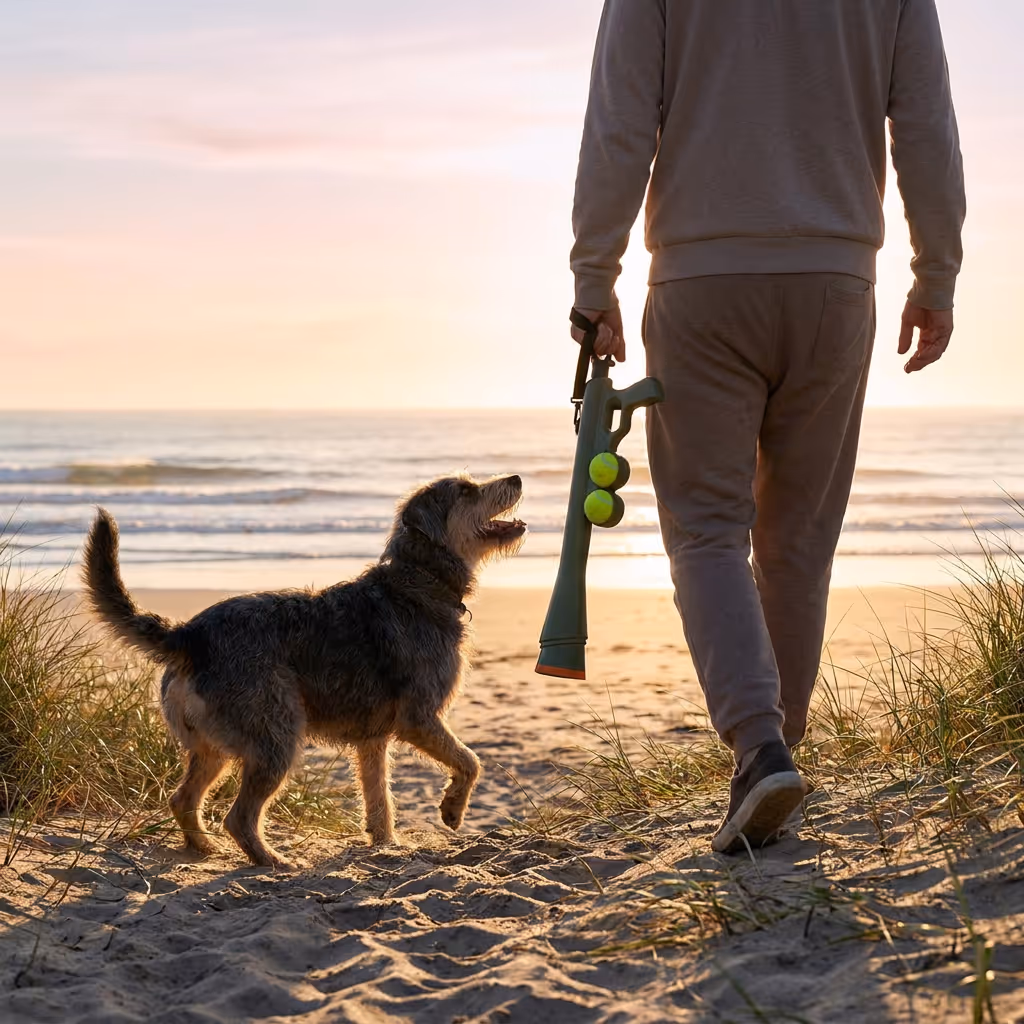 Dog owner playing fetch with an energetic dog using the ball launcher