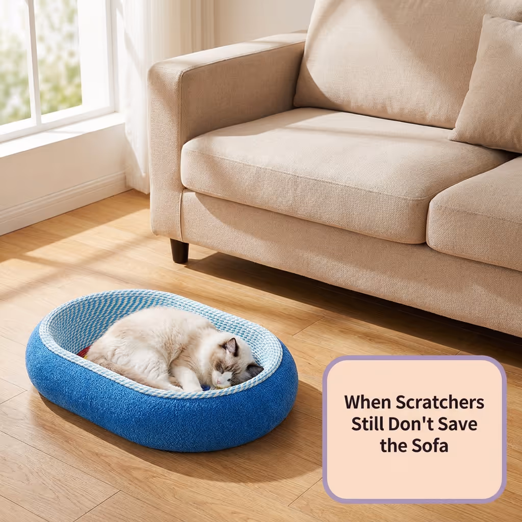 Shredded fabric furniture next to intact sisal scratcher bed alternative