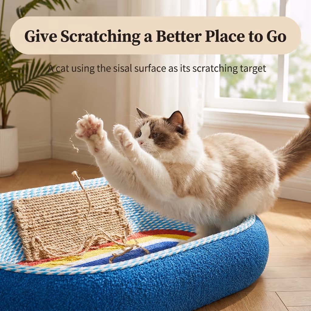 Cat actively scratching the sisal rope sides of the bowl bed