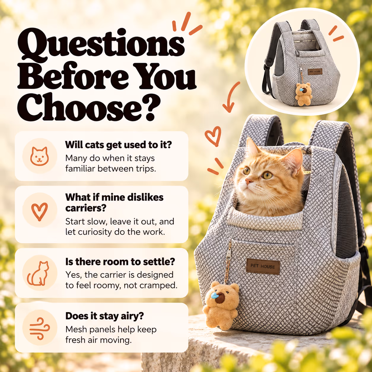 Carrier bag displayed with size chart and care instructions answering common buyer questions