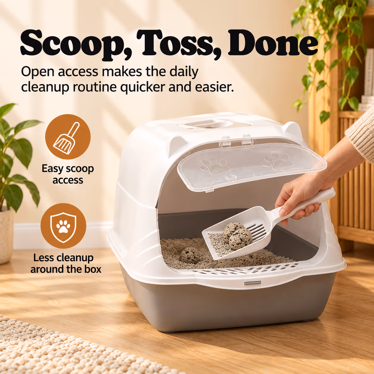 Litter box placed in a living room corner blending with everyday home decor
