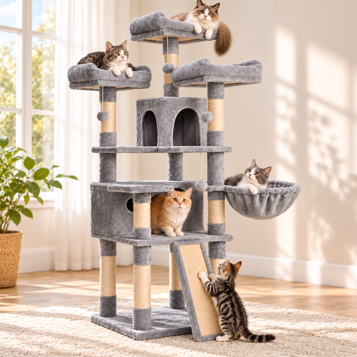 67-Inch Multi-Level Cat Tree with Scratching Posts & Caves