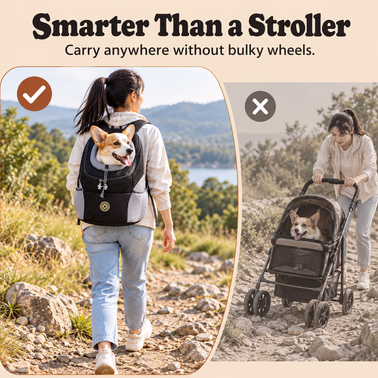 Owner walking with small dog carried in the front-facing travel backpack