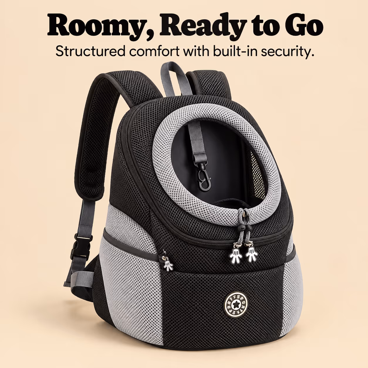 Full view of the XL pet carrier backpack displayed with its adjustable straps
