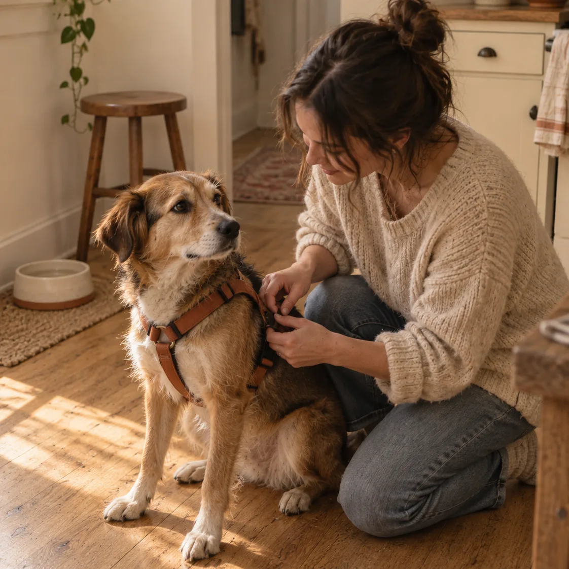 A woman fitting a harness on a dog on a sunlit kitchen floor